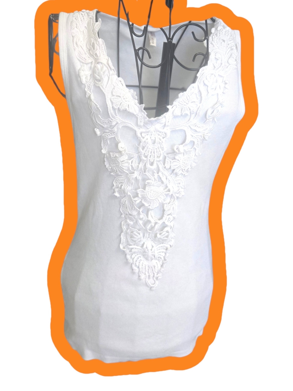 David Cline White Lace Appliqué V-Neck Ribbed Tank